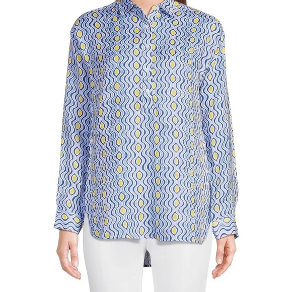 J. McLaughlin Tops - NWOT J. McLaughlin Fallon Tunic Blouse Blue Costa Key Print 100% Linen - Size XS